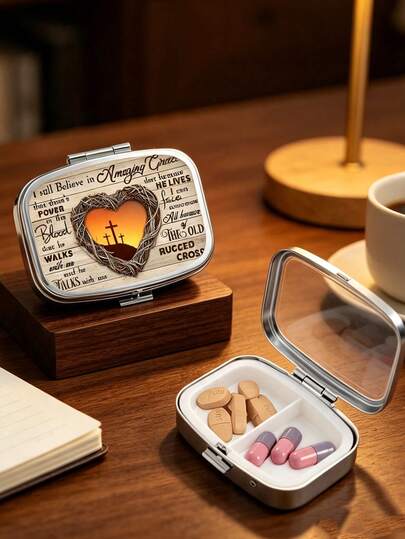 Sunset Landscape Oil Painting Theme Dual Compartment Pill Box, Sunset Landscape Painting Pill Storage Box, God's Landscape Canvas Painting, Into The Arms Of Jesus, Portable Decorative Metal Storage Box, Weekly Medication Organizer, Suitable For Daily Medication And Vitamins, Essential For Doctors And Nurses, Emergency Needs, Travel, Hiking Emergency Rescue, Unique Gift Choice, Christian Gift, Perfect Gift For Birthday, Party, Wedding, Back To School, Teacher's Day, Halloween, Christmas