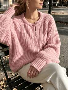 Women's Round Neck Knitted Cardigan Sweater, Slouchy, Soft And Cozy, Loose Fit, Solid Color, Versatile Top - Pink - View 4
