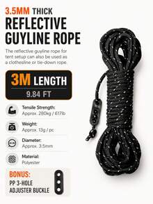 6m 4mm Reflective Tent Guy Rope, Heavy Duty Polyester Windproof Rope With Aluminum Alloy Double Eye Adjustment Buckle, Multi-Color Outdoor Canopy Awning Fixing Rope, Camping Waterproof Tarp Hanging And Binding Use - Multicolor - View 16