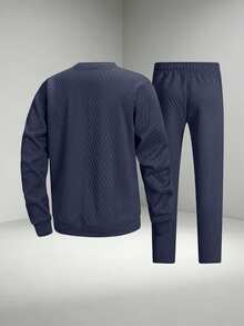 1Set Men's Autumn Diamond Jacquard Crew Neck Sweatshirt Set Drawstring Wide Leg Pants Two Pieces Outfit Loungewear Urban Commute Casual Tracksuit - Navy Blue - View 7