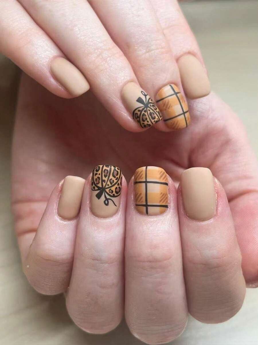 24pcs Cute Square Press On Fake Nails Brown Short Nail Pumpkin And Leopard Print Nails Thanksgiving Day Nails - Multicolor - View 1