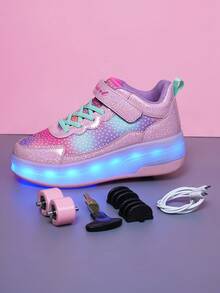 BLSART Kids Starry Sky Gradient Light-Up Detachable 4-Wheel Roller Skate Shoes, Student Sports Casual Shoes - Pink - View 6