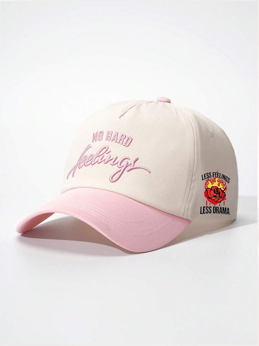 1pc Embroidered NO HARD Feelings Side Printed Rose Colorblock Baseball Cap, Outdoor Adjustable Sun Protection Casual Hat - Multicolor - View 1