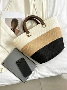 BAILEE A Casual Vacation-Themed Woven Handbag With A Wooden Handle, Three-Color Clash Design, Ample Capacity, Perfect For Vacation Attire And As A Gift. - Multicolor - View 10