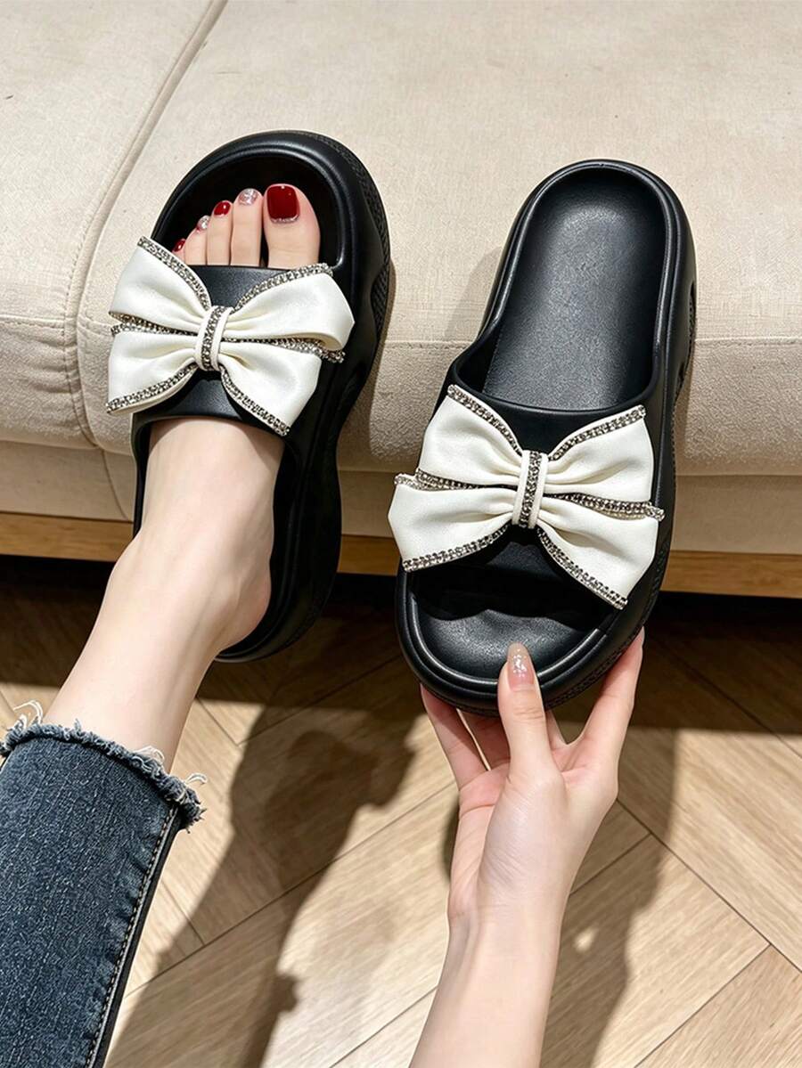 Women's Rhinestone Bow Platform Slide Sandals, EVA Thick Sole Open Toe Slippers, Height-Increasing Sandals, Suitable For Indoor And Outdoor Wear - Style C-black - View 1