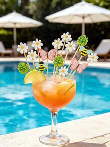 200pcs/100pcs/10pcs Assorted Animal & Floral Bamboo Skewers Fruit Forks, Tropical Cocktail Picks, Summer Pool Beach Cocktail Picks, Butterfly, Bee, Monstera Leaf, Daisy Pattern, Suitable For Appetizers, Food, Drinks - Multicolor - View 6