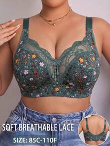 Plus Size Women's Floral Print Patchwork Wireless Bra, Breathable Non-Slip Push-Up With High Support, Seamless For Daily Wear And Various Occasions - Green - View 1