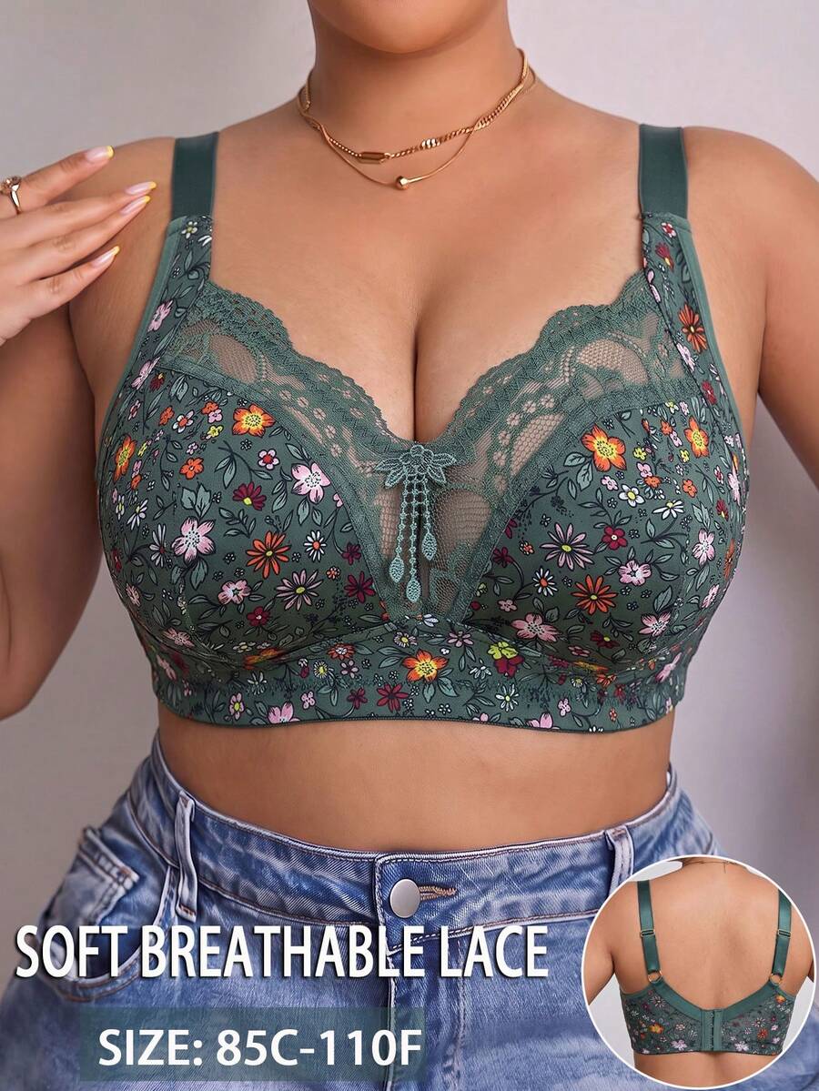 Plus Size Women's Floral Print Patchwork Wireless Bra, Breathable Non-Slip Push-Up With High Support, Seamless For Daily Wear And Various Occasions - Green - View 1
