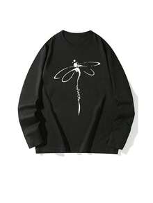 Black Plus Size Women's Minimalist Line Dragonfly Print Long Sleeve T-Shirt, Simple Hand-Drawn Insect Pattern Crew Neck Loose Top - Black - View 2