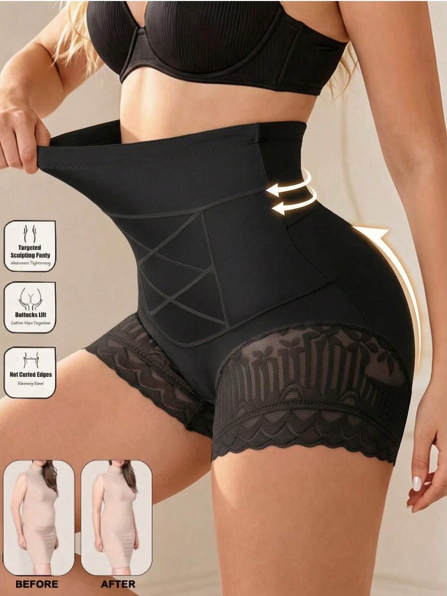1pc Women's Cross Pressure High Waist Lace Panties, Tummy Control, Butt Lift, Breathable & Lightweight, Everyday Underwear - Black - View 1