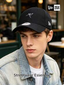 New Era 9TWENTY Baseball Cap, Minimalist Signature Embroidered Black Soft Crown Hat, Unisex Adjustable - Black - View 2