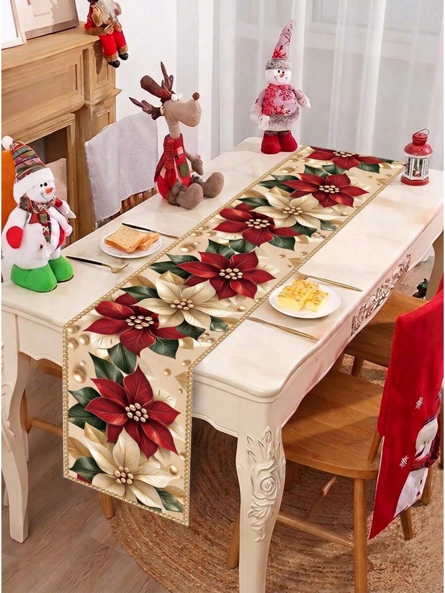 1件裝聖誕亞麻桌旗，紅白色一品紅花紋，183*33cm聖誕桌布桌巾，Merry Christmas聖誕裝飾，聖誕餐桌裝飾，廚房餐桌裝飾，節日派對裝飾，冬季家居裝飾，室內外通用