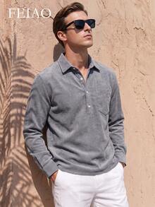 Men's Vintage Corduroy Long Sleeve Button-Down Shirt, Suitable For All Seasons, Casual Fashion - Grey - View 1