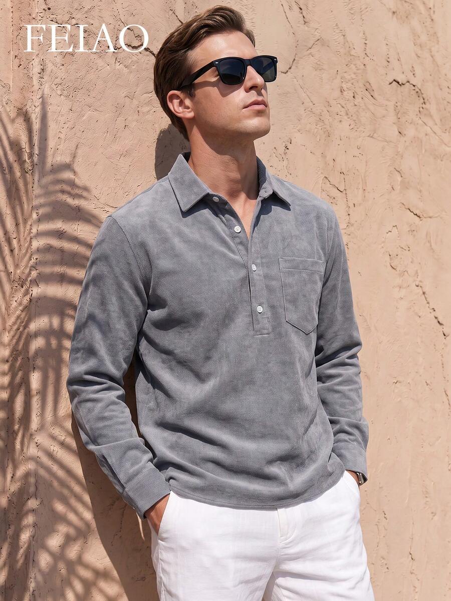 Men's Vintage Corduroy Long Sleeve Button-Down Shirt, Suitable For All Seasons, Casual Fashion - Grey - View 1