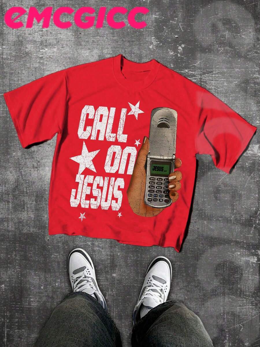 EMCGICC Jesus Shirt,CALL ON JESUS,Y2k Graphic T-Shirt Men's Summer Short Sleeved Cotton Casual Outdoor Street,God Shirts,Surprise Gift,Graphic Tees Men - 紅色 - 查看 1