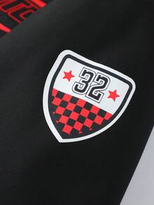 Matte Black American Racing Style Stand Collar Baseball Jacket, Burgundy Contrast Color Racing Letter Print Stand Collar Baseball Jacket, Niche American Hip-Hop High Street Jacket, Racing Element All-Over Print Baseball Windbreaker, Slim Fit Slightly Loose For Men - black red - View 3