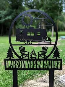 Customizable Family Name RV Camping Metal Yard Sign, Outdoor Camping Theme Garden Lawn Decor, Weather-Resistant Metal Silhouette Art, Suitable For Backyard Campsite Farmhouse Patio, Personalized Text Camper Decor Gift - Multicolor - View 7