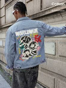 Men's Light Blue Denim Jacket, Punk Style With Multiple Skull Graffiti Print, White Ink Direct-To-Garment, Button Cuffs, Y2K Style - Light Denim Blue - View 1
