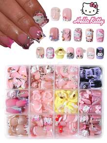 Sanrio Hello Kitty 288片/組（12款混色）短方型 3D 凝膠豹紋法式美甲貼片，附可愛 Hello Kitty、Kuromi、Pompompurin、星星、愛心、蝴蝶、蝴蝶結、珍珠與水鑽裝飾，完美貼合假指甲組 - 彩色 - 查看 1