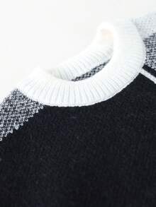 Teen Boys Streetwear Patchwork Round Neck Knitwear Relaxed Fit Sweater Top - Black and White - View 8