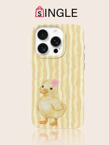 Cute Yellow Duck & Striped Pattern Anti-Drop TPU Lychee Texture Phone Case, Compatible With Apple 11 12 13 14 15 16 17 Pro/Pro Max/14 15 16 17 Plus And Galaxy Phones, Holiday Gift, Daily Commute, Anti-Drop Style - Multicolor - View 1