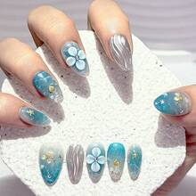 10片冰藍貓眼海洋風3D浮雕花卉金屬海星貝殼夏季亮色杏仁形美甲貼片 可拆卸可重複使用美甲用品（含1片果凍貼+1片指甲锉） - 藍色 - 查看 5