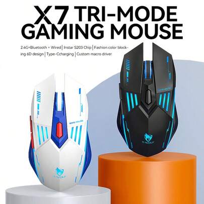 T-WOLF 3模式遊戲滑鼠，輕量化，發光，機械式，靜音，無線，藍牙，辦公，居家，LED燈滑鼠