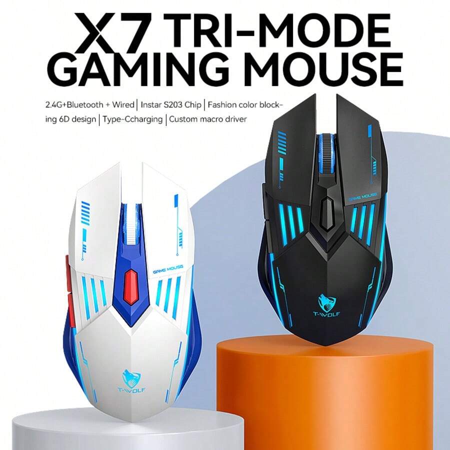 T-WOLF 3-Mode Gaming Mouse, Lightweight, Illuminated, Mechanical, Silent, Wireless, Bluetooth, Office, Home, LED Light Mouse - View 1