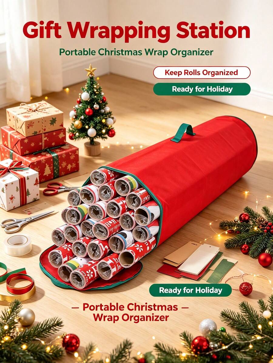 1pc Oxford Fabric Christmas Gift Packaging Storage Bag, Red Wrapping Paper Storage Bag With Green Handle, Easy-To-Carry Cylindrical Container (22*80cm/31.5*8.7in) - Red - View 1