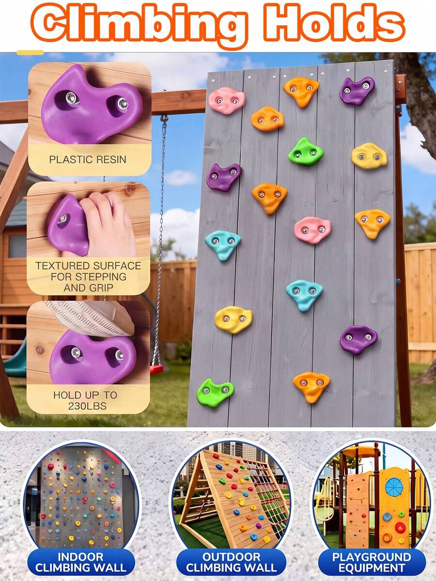 5pcs/10pcs/15pcs Climbing Holds [Random Color] Fitness Wall Holds, Indoor/Outdoor Playground, Climbing - Includes Mounting Screws Climbing Holds, Colorful Textured Wall Rocks | Textured Climbing Rocks With Bolts And Washers, Suitable For Wooden Playground Sets, Indoor Walls, Backyard Walls And Route Setting, Unisex - Multicolor - View 1