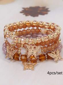 4pcs/Set Bohemian Style Multi-Layer Time Gem Butterfly Pendant Asymmetrical Beaded Bracelet Set, Suitable For Daily Wear, Gift - Time Gem Butterfly Bracelet - View 9