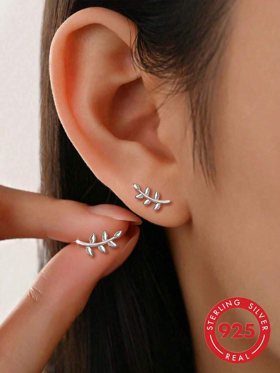 1 Pair S925 Sterling Silver Branch & Leaf Stud Earrings For Women, Mori Style Artistic Fresh Design, Niche Minimalist Petite Earrings For Daily Commute, Date, Ins Vibe, Gentle Elegant, Versatile Ear Cartilage Studs - Leaf - View 1