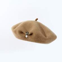 1pc Women's Wool Beret Hat With Inner Binding And Woman Portrait Design, Pearl & Metal Decor, Warm & Cold-Proof For Autumn/Winter, Fashion Casual Minimalist Daily Hat - Pearl Metal Pendant - View 11