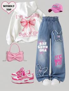 Girls' Denim Jeans With Distressed Butterfly Embroidery, Elastic Waist, Straight Leg, Streetwear Sweet & Cool Fashion Casual Versatile - Medium Wash - View 1
