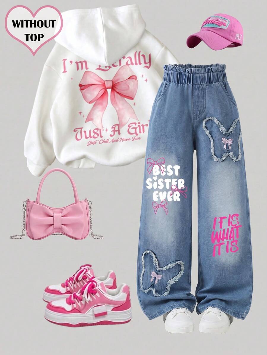 Girls' Denim Jeans With Distressed Butterfly Embroidery, Elastic Waist, Straight Leg, Streetwear Sweet & Cool Fashion Casual Versatile - Medium Wash - View 1