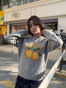 Korean Style Orange Embroidery Print Pullover Sweater Women Autumn Winter Loose Fit Versatile Slimming Letter Knit Top Outerwear - Grey - View 5