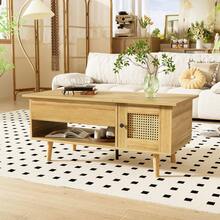 Elegant Coffee Table With Liftable Table Top And Rattan Doors, Wood Color With Black Accents, Ideal For The Living Room - Practical Storage Space And Functional Design, 109.98 X 59.49 X 15.98 Cm - Multicolor - View 4