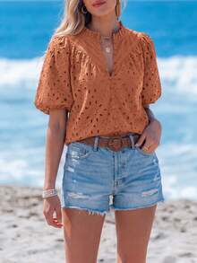 PRETTYGARDEN Women's Summer Clothes Tops Fashion Casual Short Sleeve V Neck Buttons Hollow Eyelet Lace Embroidered Blouses Shirts Festival  Beach Vacation - 磚紅色 - 查看 5