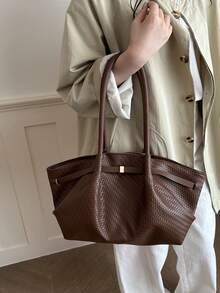 Korean Retro Woven Pattern Elegant Tote Bag New Large Capacity Casual Commute Shoulder Underarm Bag - Coffee Brown - View 2