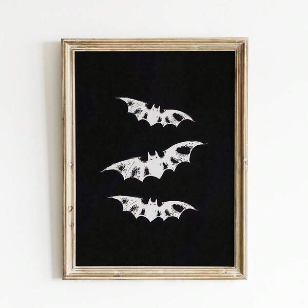 1pc Frameless Halloween Three Bats Wall Art Poster, Funky Vintage Room Decor For Dorm, Bedroom, Party Gift, Back To School