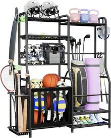 Garage Sports Equipment Organizer Golf Bag Storage Rack Heavy Duty Ball Storage Stand With Baskets Hooks Indoor Outdoor Basketball Storage Bin Toy Gear Rack Black - Pro(Medium) - View 1