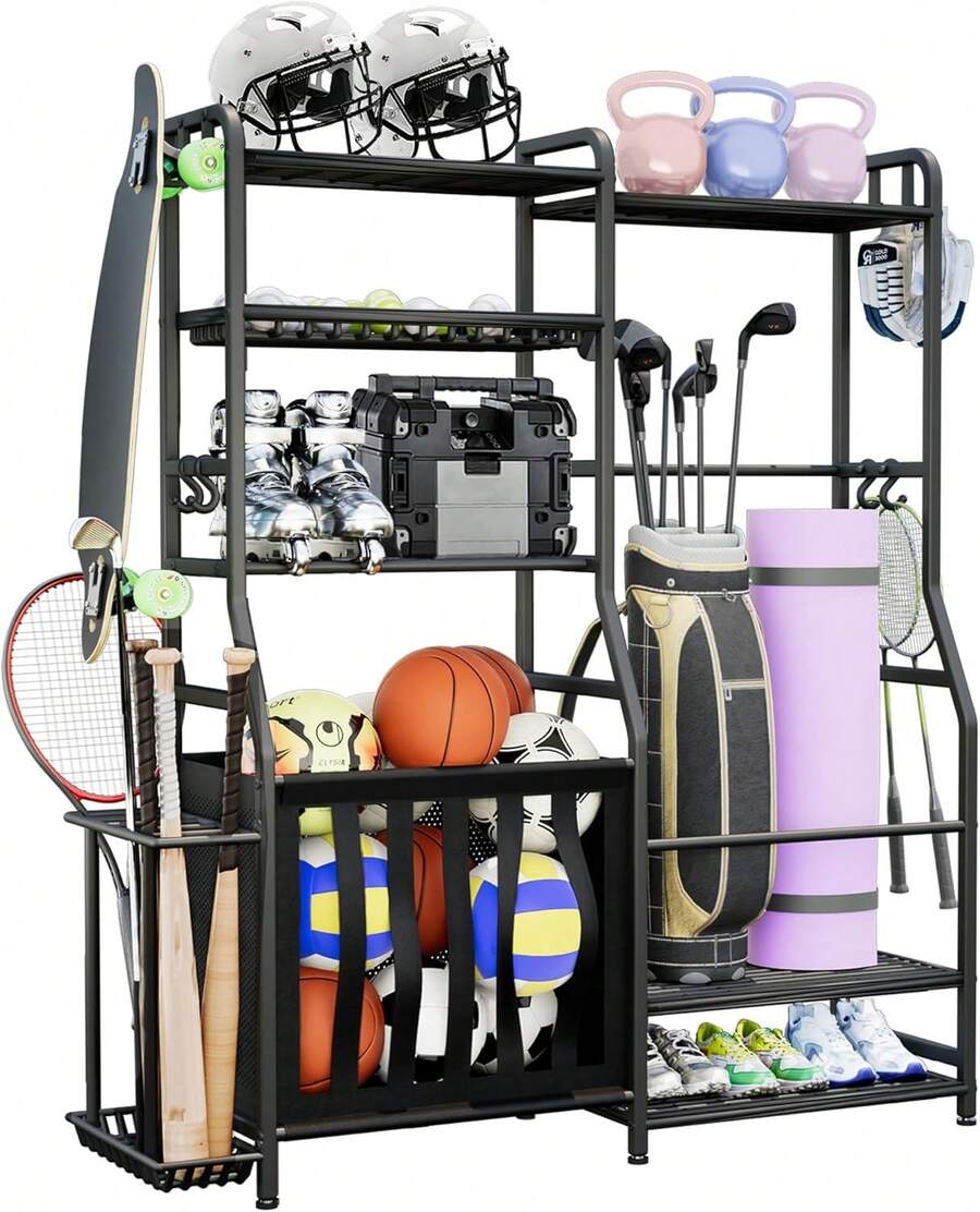 Garage Sports Equipment Organizer Golf Bag Storage Rack Heavy Duty Ball Storage Stand With Baskets Hooks Indoor Outdoor Basketball Storage Bin Toy Gear Rack Black - Pro(Medium) - View 1