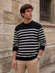 Men's Striped Crew Neck Long Sleeve T-Shirt, Vintage Collegiate Style Casual Pullover - Black - View 2