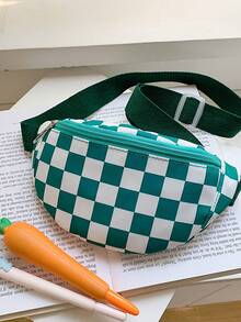 Green And White Checkerboard Casual Waist Bag, Checkerboard Nylon Small Chest Bag, Adjustable Wide Strap Versatile Crossbody Bag - A - View 5