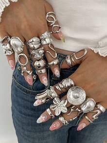 29/15/7pcs Elegant Vintage Casual Faux Pearl Geometric Flower Metal Ring Set For Women Daily Wear - Silver - View 3