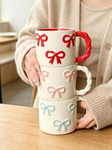 1pc Creative 3D Bow Shaped Ceramic Mug With Braided Handle, High-Quality Coffee/Milk Cup, Microwave Friendly, Perfect Gift For Girlfriends, Cute Girly Pink Water Cup - Multicolor - View 8