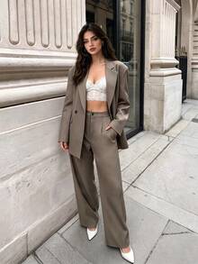 Bộ blazer tay dài phối thắt lưng, túi, ve áo hai hàng cúc, lót tương phản màu trơn và quần ống rộng thời trang công sở thu đông cho nữ - Màu Khaki - Xem 6