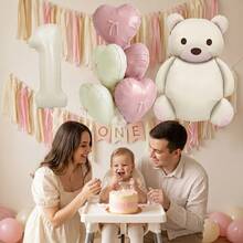 16pcs Cream Bear & Light Pink Heart Foil Balloon Set With Bow Ribbon, Suitable For Bear Theme Birthday Party Decoration, Baby Shower, Photo Props And Party Supplies - View 5