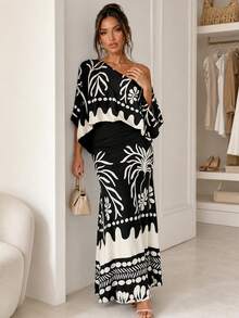 Women's 2pcs Tropical Print Lantern Sleeve Cold Shoulder Top + Elastic High Waist Mermaid Maxi Skirt Set, Vacation Resort Style Black Elegant - Black - View 5