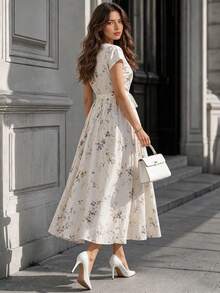 Dirp Noir Women's Elegant And Gentle Autumn White Ink Floral Midi Dress, Perfect For Parties, Dates, Vacations, Commuting, And National Day - Apricot - View 7